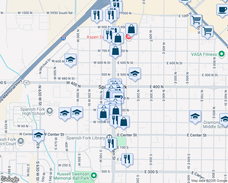 map of restaurants, bars, coffee shops, grocery stores, and more near 360 North Main Street in Spanish Fork