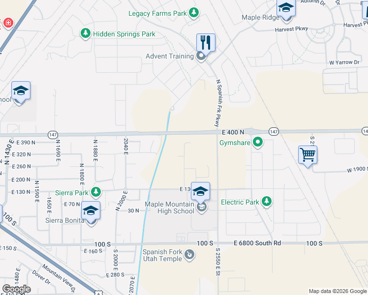 map of restaurants, bars, coffee shops, grocery stores, and more near 2283 East 390 North in Spanish Fork