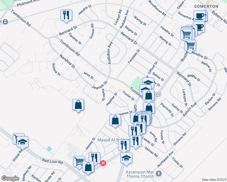 map of restaurants, bars, coffee shops, grocery stores, and more near 499 Avon Street in Philadelphia