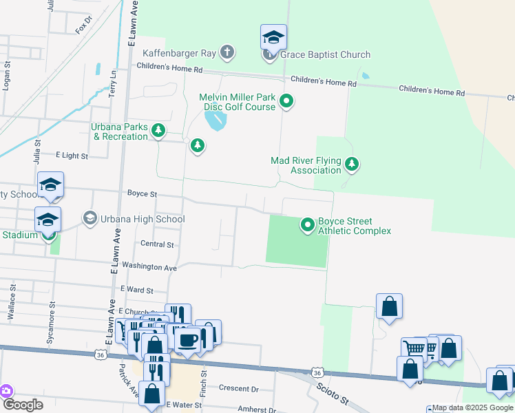 map of restaurants, bars, coffee shops, grocery stores, and more near 914 Boyce Street in Urbana