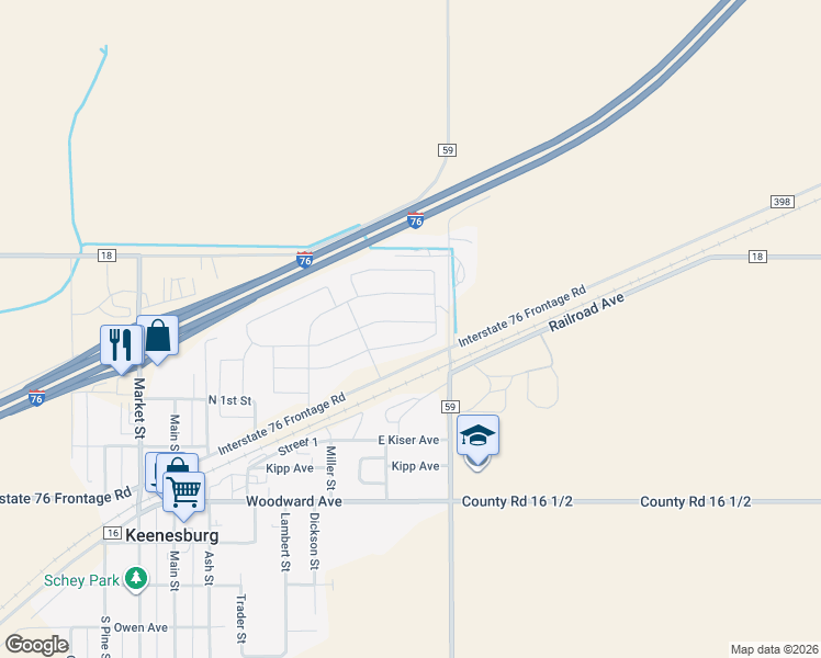 map of restaurants, bars, coffee shops, grocery stores, and more near 1520 Railroad Avenue in Keenesburg