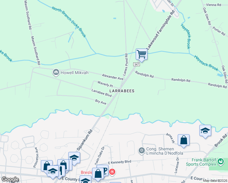 map of restaurants, bars, coffee shops, grocery stores, and more near 10 Station Place in Howell Township