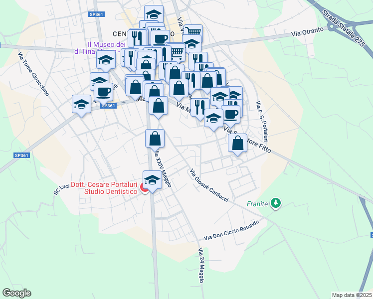 map of restaurants, bars, coffee shops, grocery stores, and more near 9 Via Giosuè Carducci in Maglie