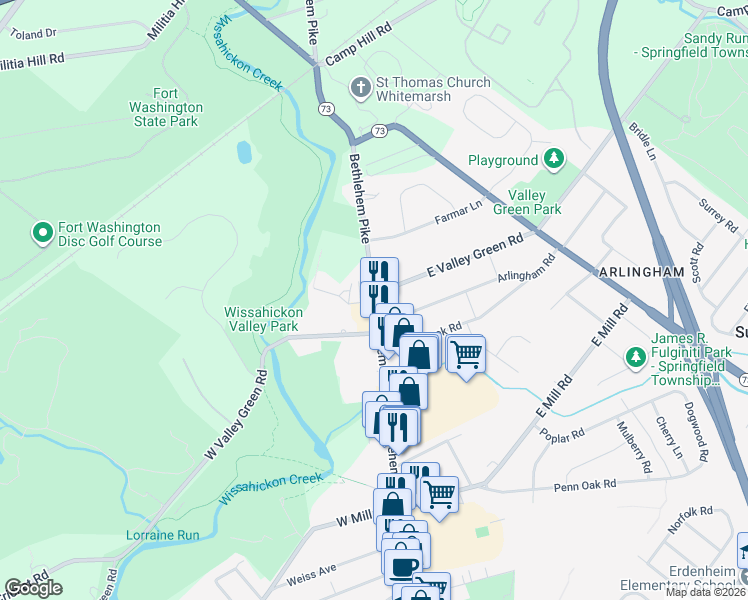 map of restaurants, bars, coffee shops, grocery stores, and more near 6201 Henry Lane in Flourtown