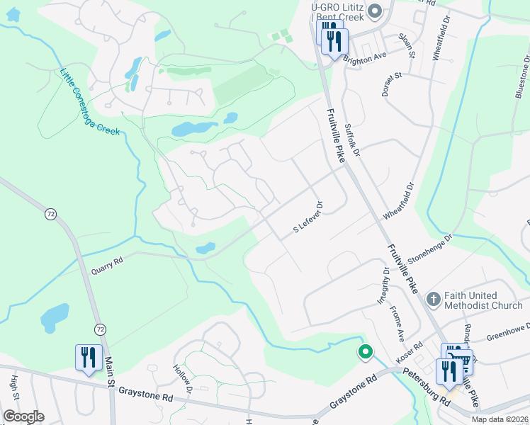 map of restaurants, bars, coffee shops, grocery stores, and more near 656 Woodfield Drive in Lititz