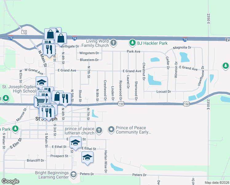 map of restaurants, bars, coffee shops, grocery stores, and more near 408 Linden Drive in Saint Joseph