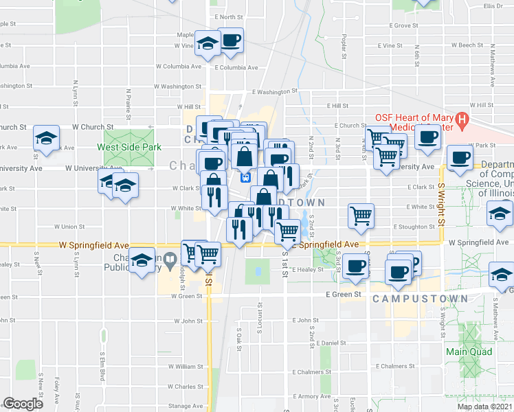 map of restaurants, bars, coffee shops, grocery stores, and more near 301 South Water Street in Champaign