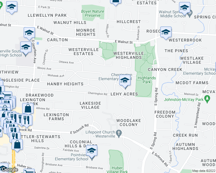 map of restaurants, bars, coffee shops, grocery stores, and more near 488 Illinois Avenue in Westerville