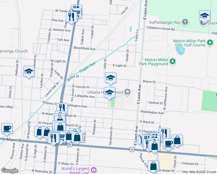 map of restaurants, bars, coffee shops, grocery stores, and more near 448 Lincoln Place in Urbana