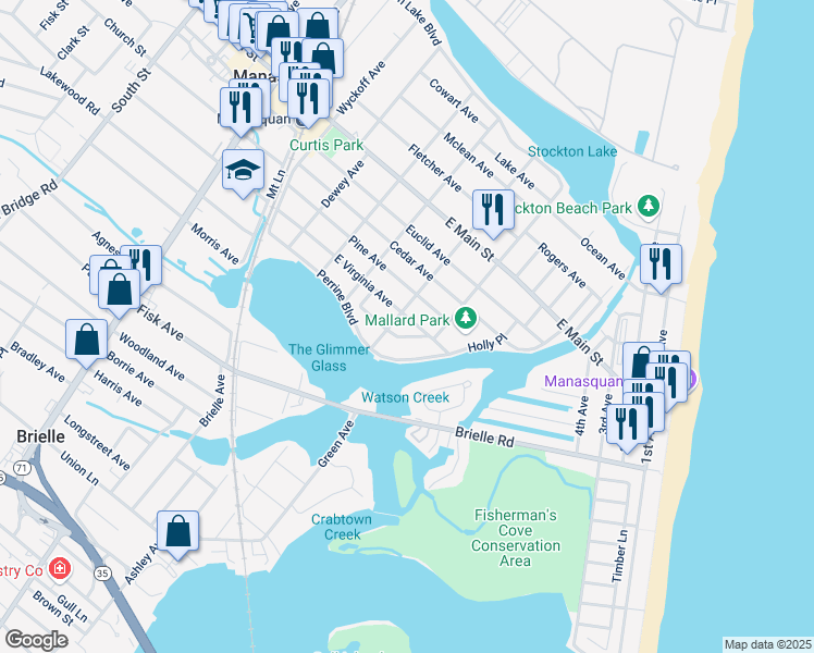 map of restaurants, bars, coffee shops, grocery stores, and more near 402 East Virginia Avenue in Manasquan