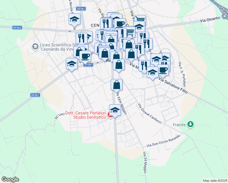 map of restaurants, bars, coffee shops, grocery stores, and more near 89 Via Scorrano in Maglie