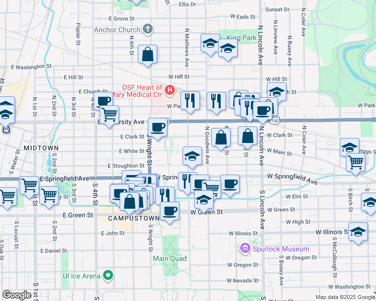 map of restaurants, bars, coffee shops, grocery stores, and more near 300 North Mathews Avenue in Urbana