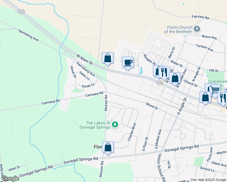 map of restaurants, bars, coffee shops, grocery stores, and more near 1087 Wood Street in Mount Joy