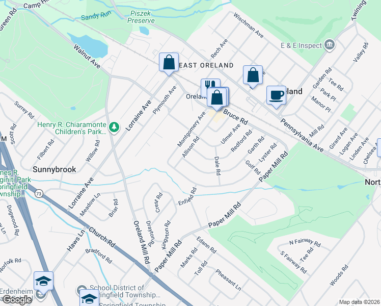 map of restaurants, bars, coffee shops, grocery stores, and more near 212 Allison Road in Oreland