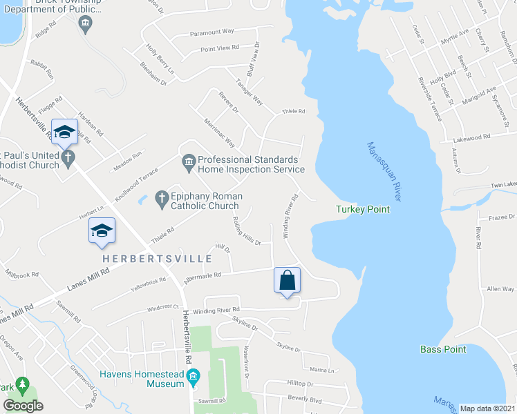 map of restaurants, bars, coffee shops, grocery stores, and more near 682 Overlook Court in Brick Township