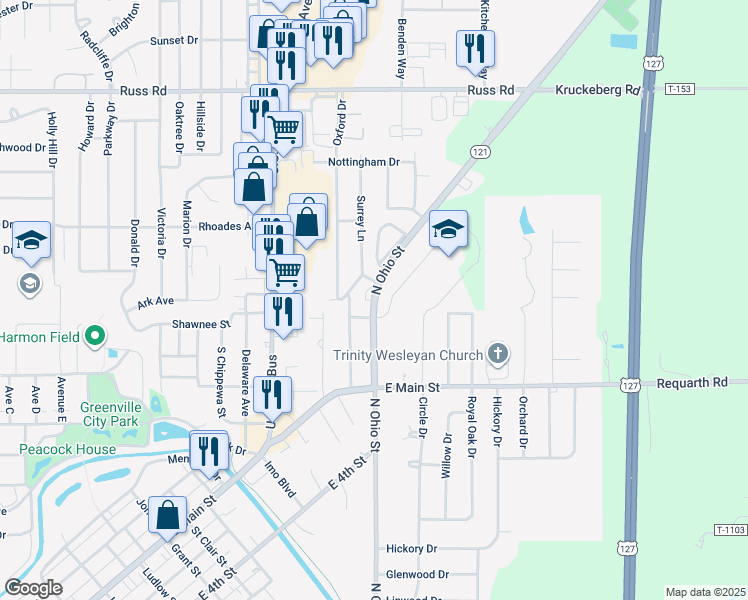 map of restaurants, bars, coffee shops, grocery stores, and more near 1033 North Ohio Street in Greenville