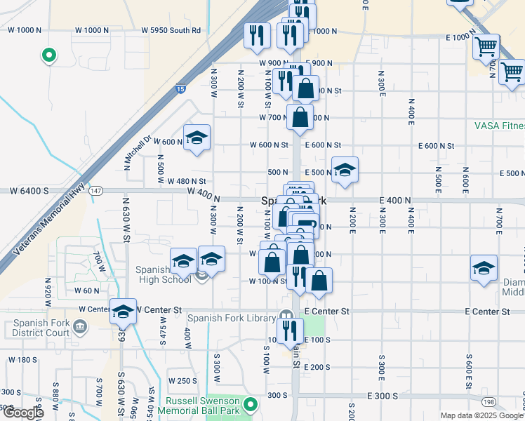 map of restaurants, bars, coffee shops, grocery stores, and more near 369 North 100 West Street in Spanish Fork