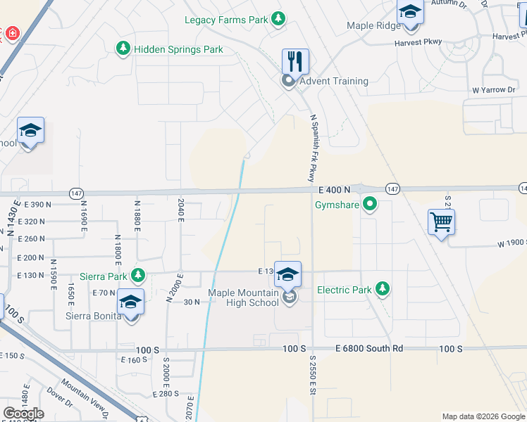map of restaurants, bars, coffee shops, grocery stores, and more near 285 North 2350 East in Spanish Fork