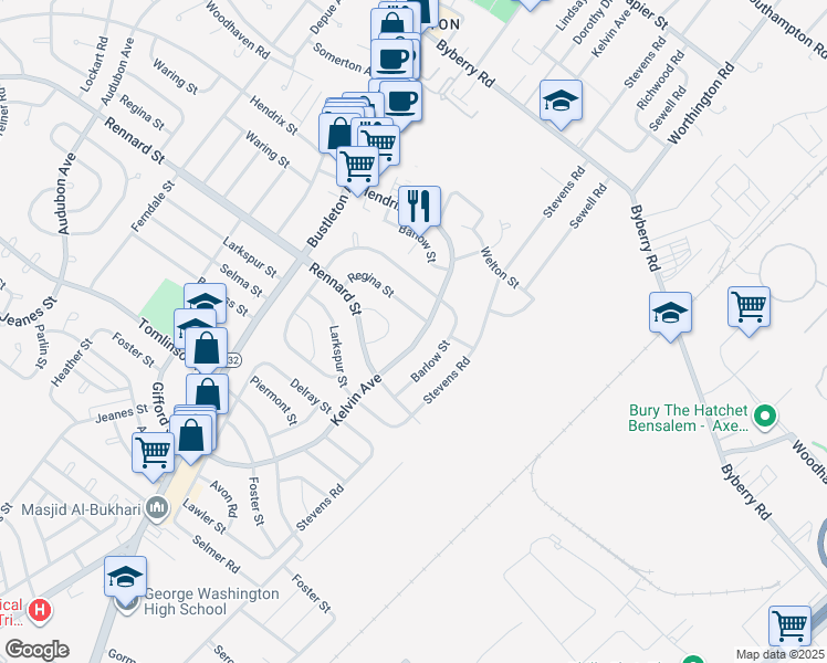 map of restaurants, bars, coffee shops, grocery stores, and more near 11623 Kelvin Avenue in Philadelphia