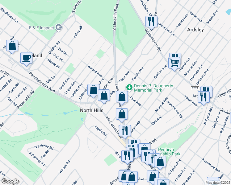 map of restaurants, bars, coffee shops, grocery stores, and more near 163 Tennis Avenue in Glenside