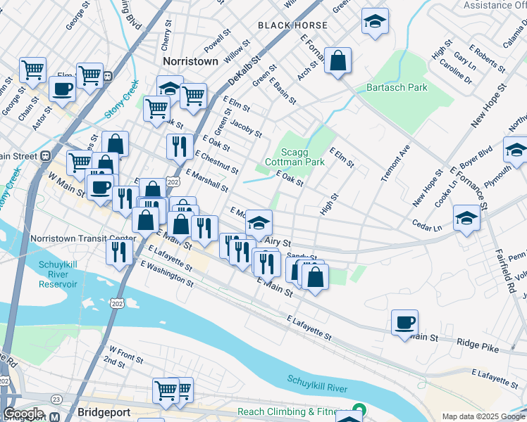 map of restaurants, bars, coffee shops, grocery stores, and more near 352 East Marshall Street in Norristown