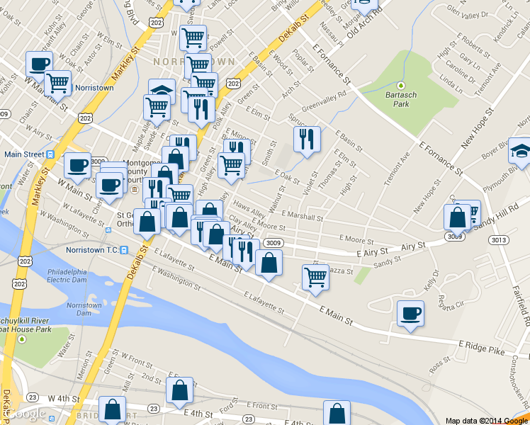 map of restaurants, bars, coffee shops, grocery stores, and more near 352 East Marshall Street in Norristown