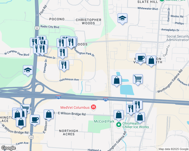 map of restaurants, bars, coffee shops, grocery stores, and more near 7300 Huntington Park Dr in Columbus