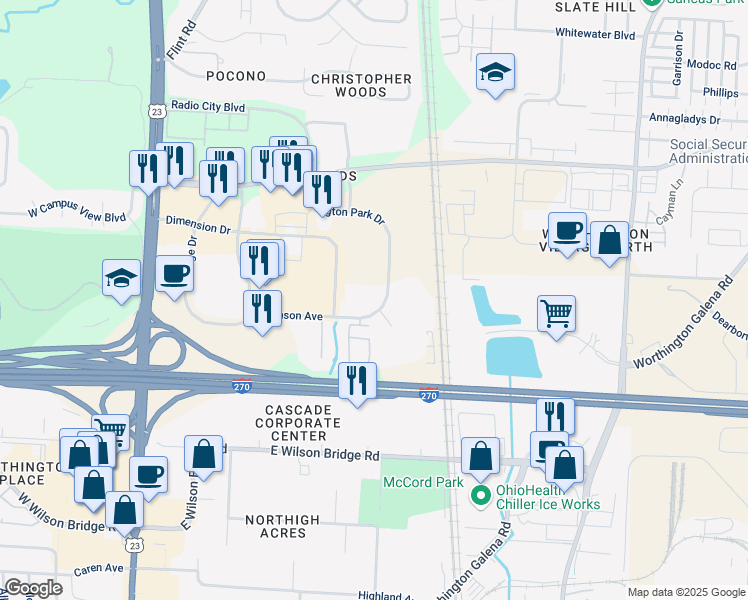 map of restaurants, bars, coffee shops, grocery stores, and more near 346 Hutchinson Avenue in Columbus