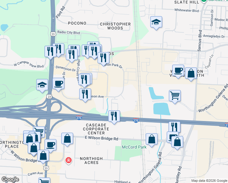 map of restaurants, bars, coffee shops, grocery stores, and more near 346 Hutchinson Avenue in Columbus
