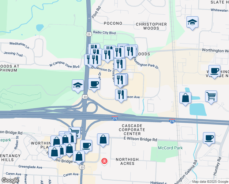 map of restaurants, bars, coffee shops, grocery stores, and more near 7365 High Cross Boulevard in Columbus