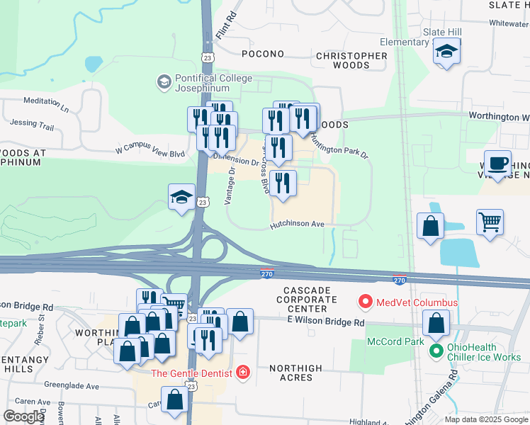 map of restaurants, bars, coffee shops, grocery stores, and more near 7365 High Cross Boulevard in Columbus