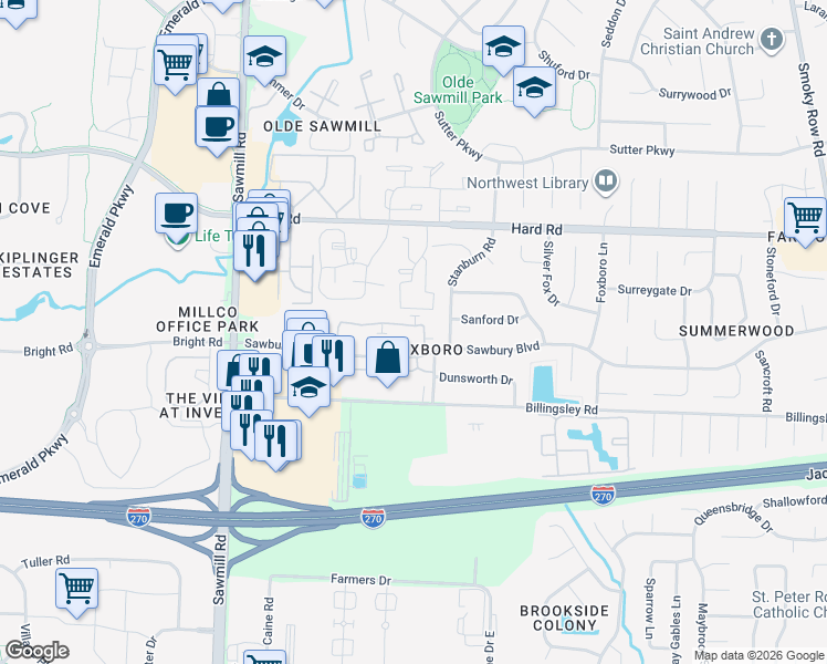 map of restaurants, bars, coffee shops, grocery stores, and more near in Columbus