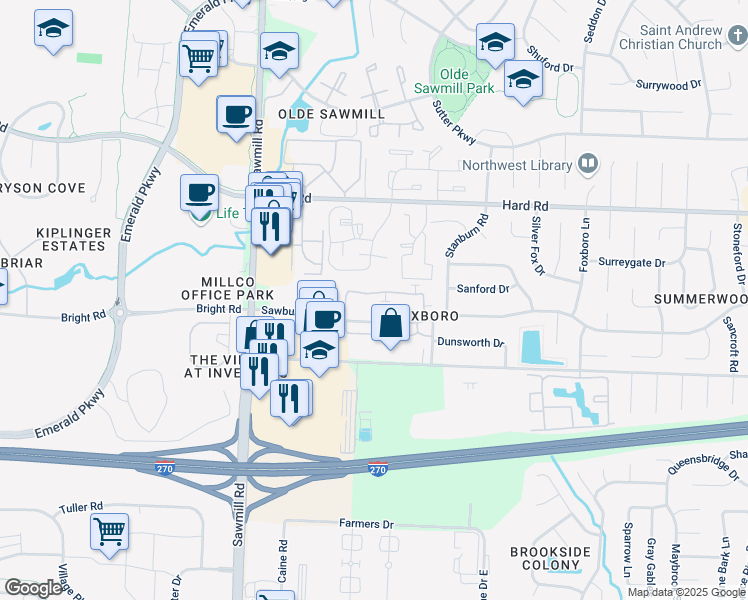 map of restaurants, bars, coffee shops, grocery stores, and more near 2589 Sandbury Boulevard in Columbus