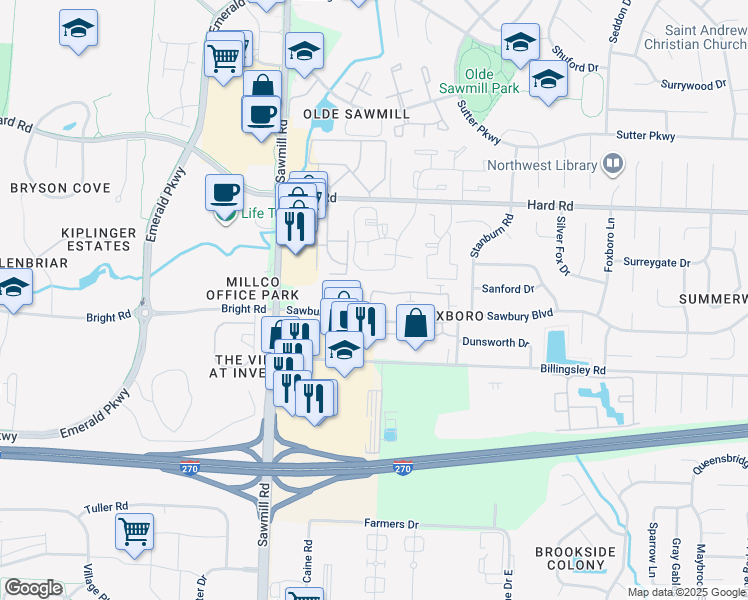 map of restaurants, bars, coffee shops, grocery stores, and more near 2649 Sandbury Boulevard in Columbus