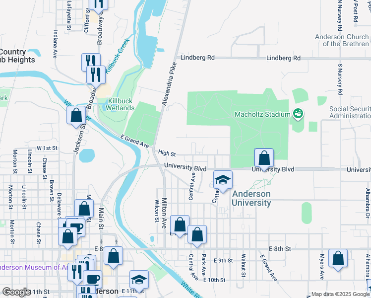 map of restaurants, bars, coffee shops, grocery stores, and more near 628 High Street in Anderson