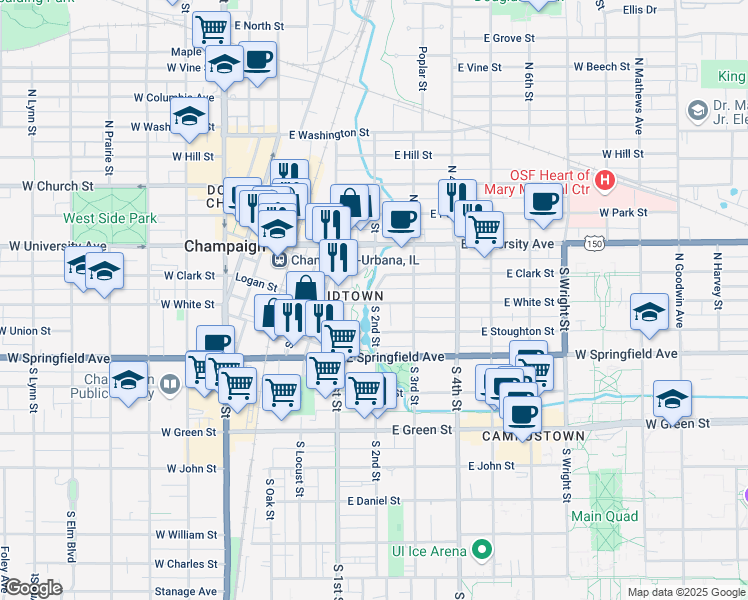map of restaurants, bars, coffee shops, grocery stores, and more near 254 - 299 South 2nd Street in Champaign
