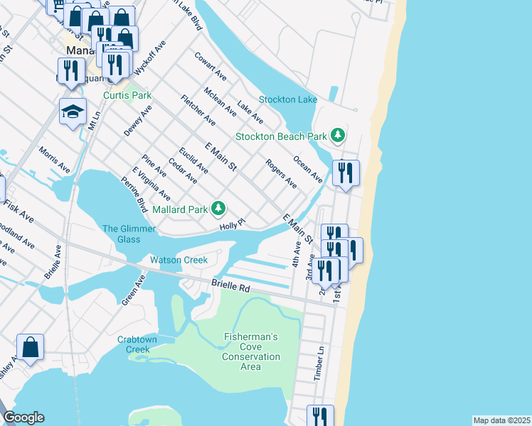 map of restaurants, bars, coffee shops, grocery stores, and more near 5 1/2 Watson Place in Manasquan