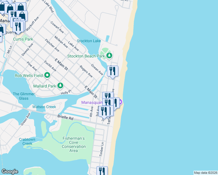 map of restaurants, bars, coffee shops, grocery stores, and more near 123 1st Avenue in Manasquan