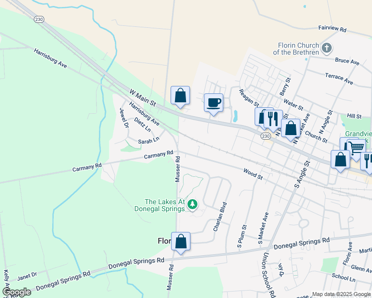 map of restaurants, bars, coffee shops, grocery stores, and more near 1101 Wood Street in Mount Joy