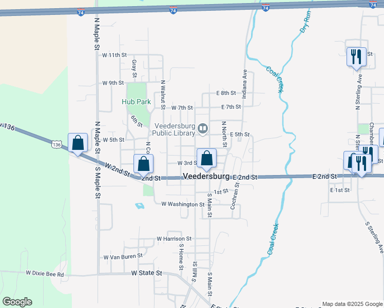 map of restaurants, bars, coffee shops, grocery stores, and more near 310 North Mill Street in Veedersburg