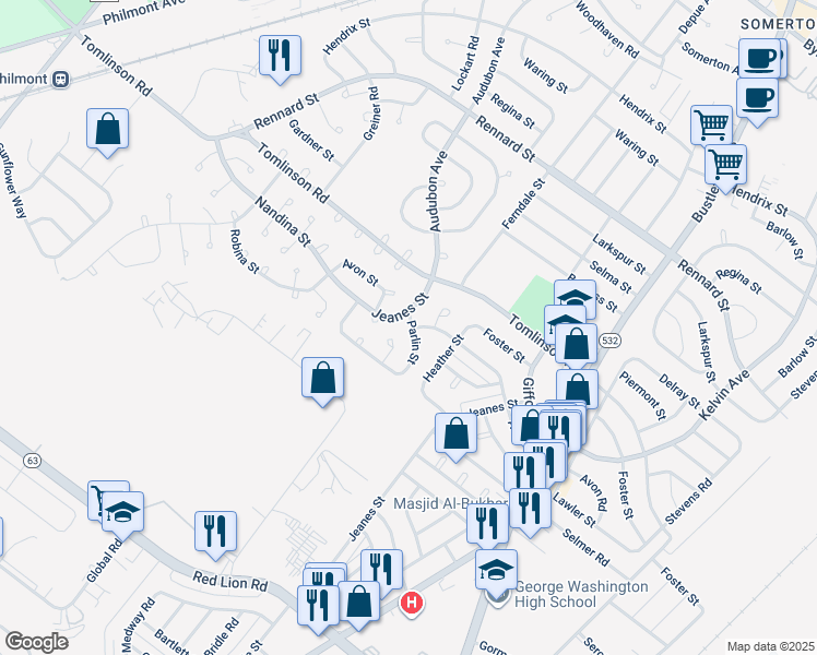 map of restaurants, bars, coffee shops, grocery stores, and more near 493 Parlin Street in Philadelphia