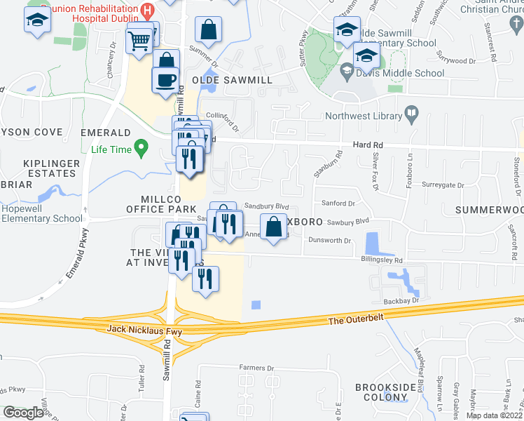 map of restaurants, bars, coffee shops, grocery stores, and more near 2649 Sandbury Boulevard in Columbus