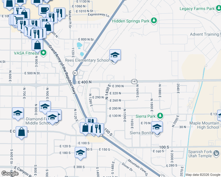 map of restaurants, bars, coffee shops, grocery stores, and more near 378 North 1430 East in Spanish Fork
