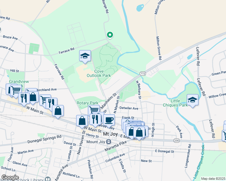 map of restaurants, bars, coffee shops, grocery stores, and more near 216 Midland Circle in Mount Joy