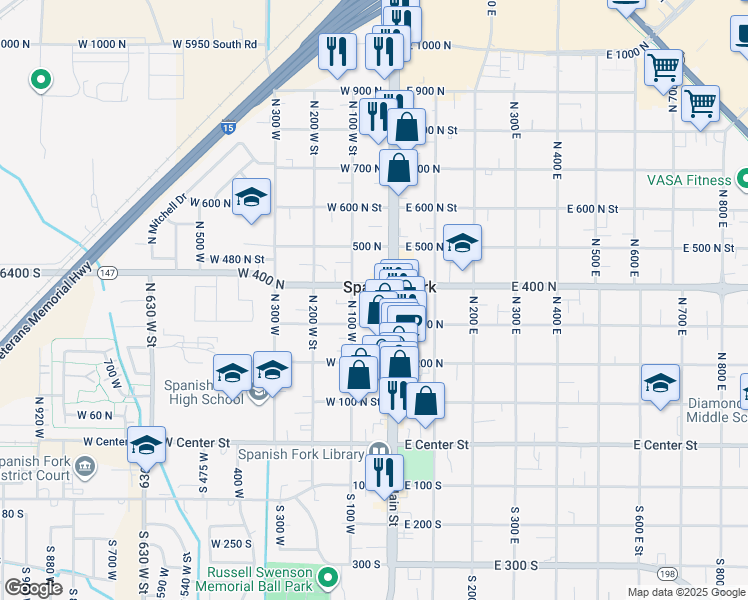 map of restaurants, bars, coffee shops, grocery stores, and more near 351 North Main Street in Spanish Fork