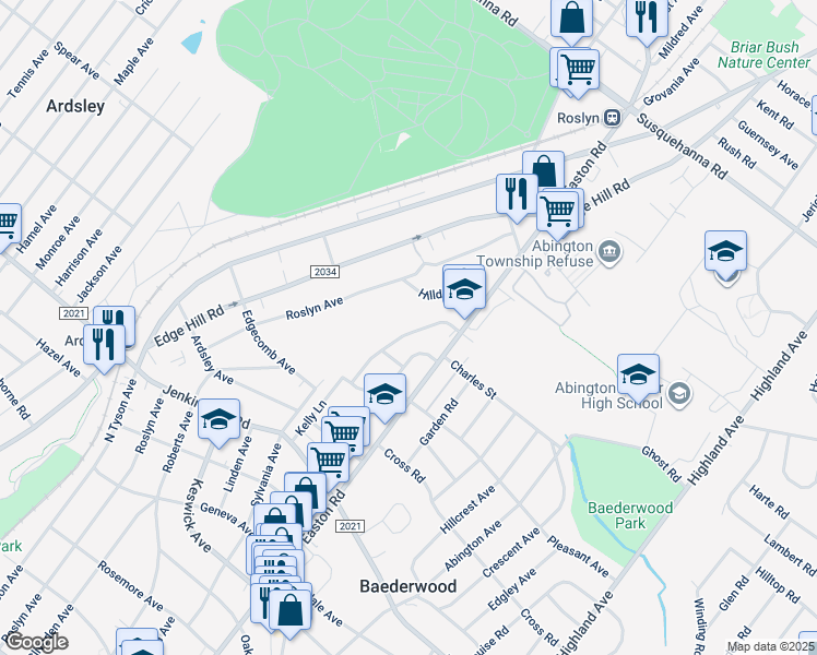 map of restaurants, bars, coffee shops, grocery stores, and more near 756 Castlewood Road in Glenside