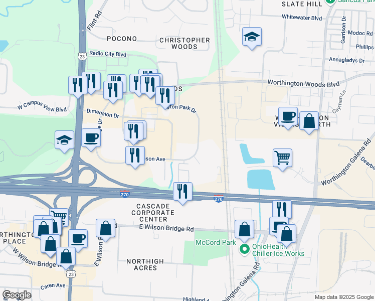 map of restaurants, bars, coffee shops, grocery stores, and more near 346 Hutchinson Avenue in Columbus