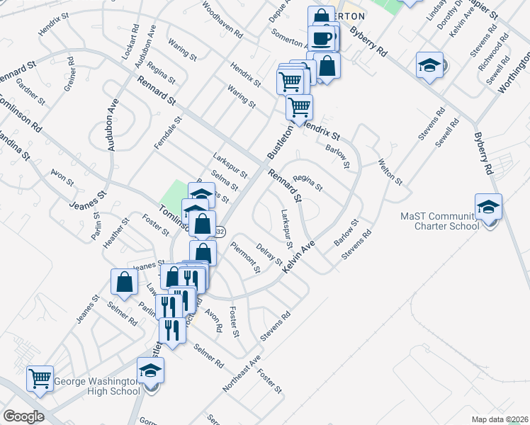 map of restaurants, bars, coffee shops, grocery stores, and more near 804 Selma St in Philadelphia