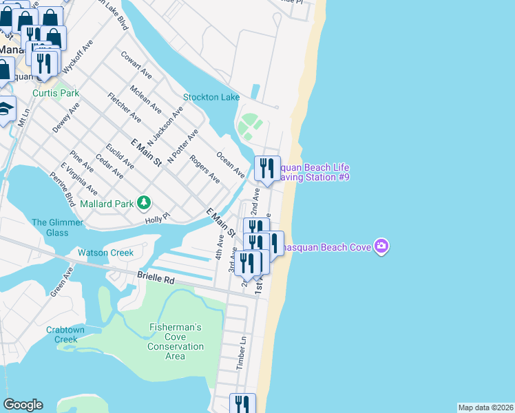 map of restaurants, bars, coffee shops, grocery stores, and more near 123 1st Avenue in Manasquan
