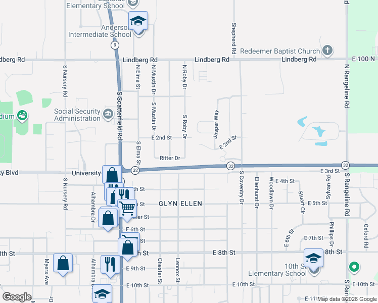 map of restaurants, bars, coffee shops, grocery stores, and more near 218 South Roby Drive in Anderson